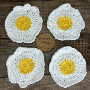 Coasters Sunny Side Up Fried Egg Cup Mug Set of 4 Handcrafted Crochet Cotton